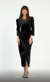 GLAM by MNM Couture DZ1080 round neck midi dress with long sleeves and a sleek silhouette. | Couture Shop LA