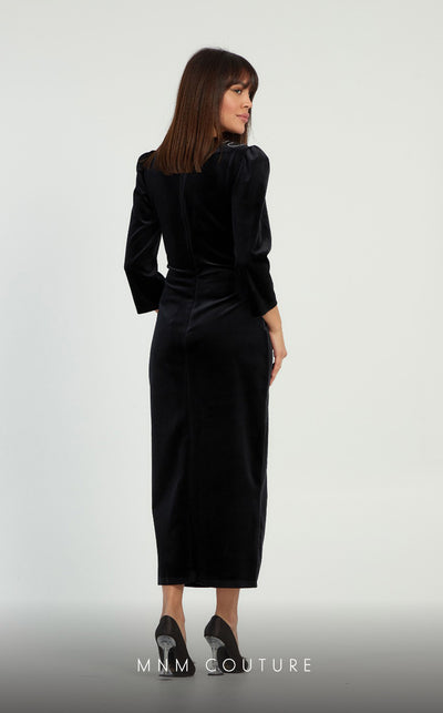 GLAM by MNM Couture DZ1080 round neck midi dress with long sleeves and a sleek silhouette. | Couture Shop LA