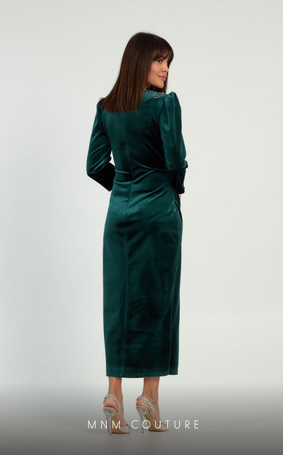 GLAM by MNM Couture DZ1080 round neck midi dress with long sleeves and a sleek silhouette. | Couture Shop LA