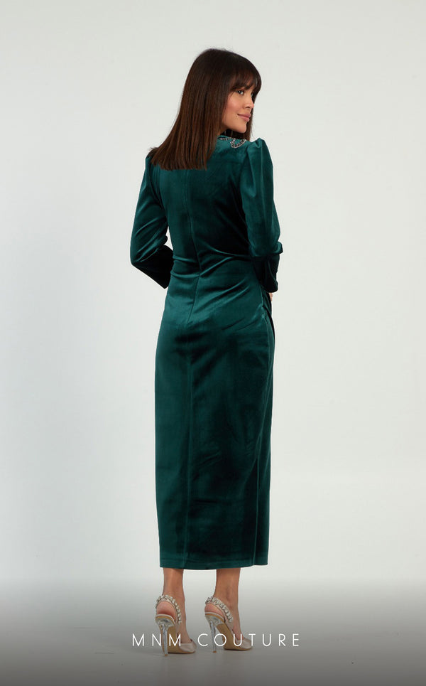GLAM by MNM Couture DZ1080 round neck midi dress with long sleeves and a sleek silhouette. | Couture Shop LA