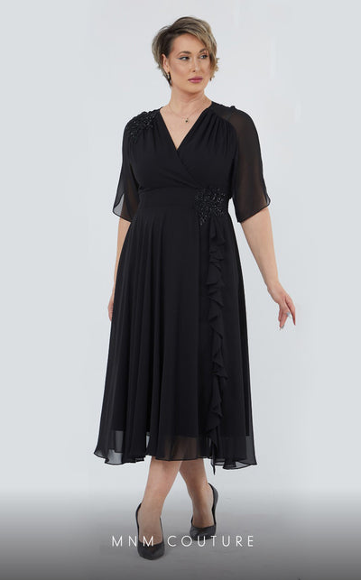 GLAM by MNM Couture DZ226B short sleeve V-neck midi dress with classic tailoring. | Couture Shop LA