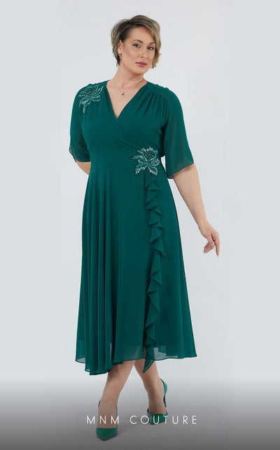 GLAM by MNM Couture DZ226B short sleeve V-neck midi dress with classic tailoring. | Couture Shop LA