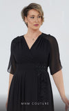 GLAM by MNM Couture DZ226B short sleeve V-neck midi dress with classic tailoring. | Couture Shop LA