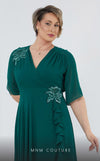 GLAM by MNM Couture DZ226B short sleeve V-neck midi dress with classic tailoring. | Couture Shop LA