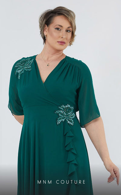 GLAM by MNM Couture DZ226B short sleeve V-neck midi dress with classic tailoring. | Couture Shop LA