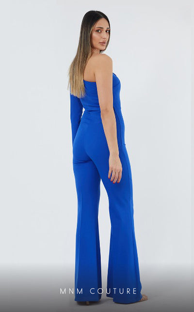 GLAM by MNM Couture DZ3182 one-shoulder diagonal neck jumpsuit with modern elegance. | Couture Shop LA
