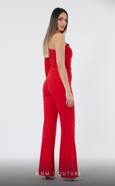 GLAM by MNM Couture DZ3182 one-shoulder diagonal neck jumpsuit with modern elegance. | Couture Shop LA