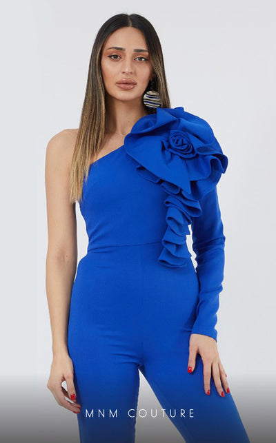 GLAM by MNM Couture DZ3182 one-shoulder diagonal neck jumpsuit with modern elegance. | Couture Shop LA