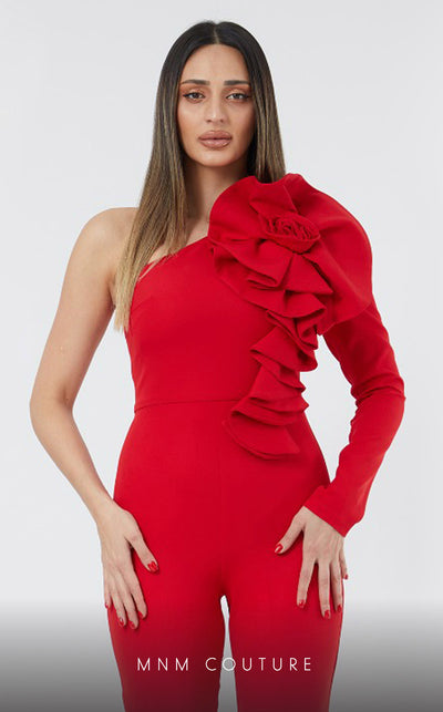 GLAM by MNM Couture DZ3182 one-shoulder diagonal neck jumpsuit with modern elegance. | Couture Shop LA