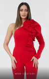 GLAM by MNM Couture DZ3182 one-shoulder diagonal neck jumpsuit with modern elegance. | Couture Shop LA