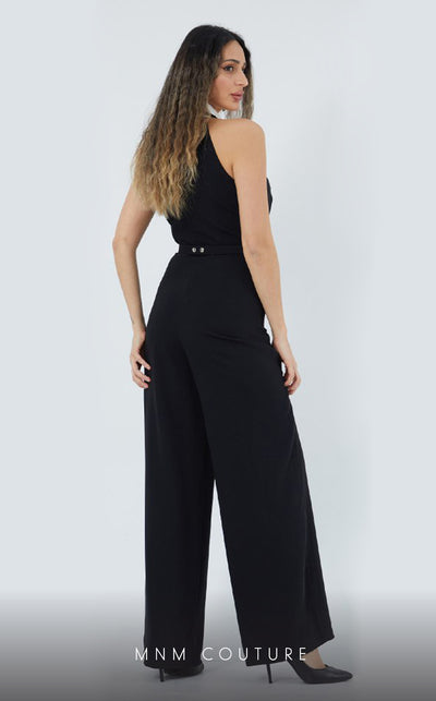 GLAM by MNM Couture DZ3565 halter tuxedo collar jumpsuit with bold tailoring. | Couture Shop LA