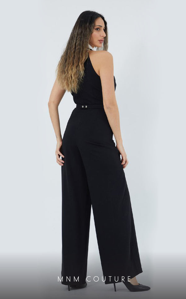 GLAM by MNM Couture DZ3565 halter tuxedo collar jumpsuit with bold tailoring. | Couture Shop LA
