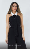 GLAM by MNM Couture DZ3565 halter tuxedo collar jumpsuit with bold tailoring. | Couture Shop LA