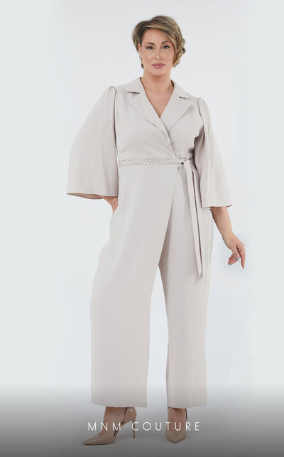 GLAM by MNM Couture DZ407B V-neck jumpsuit with 3/4 sleeves and sleek tailoring. | Couture Shop LA