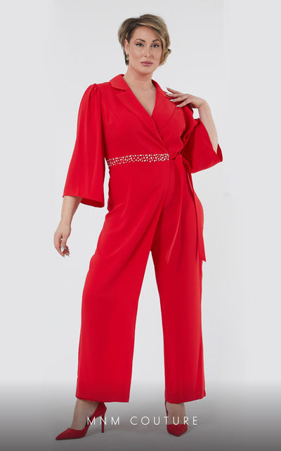 GLAM by MNM Couture DZ407B V-neck jumpsuit with 3/4 sleeves and sleek tailoring. | Couture Shop LA