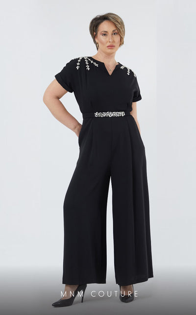 GLAM by MNM Couture DZ431B short sleeve V-neck jumpsuit with classic design. | Couture Shop LA