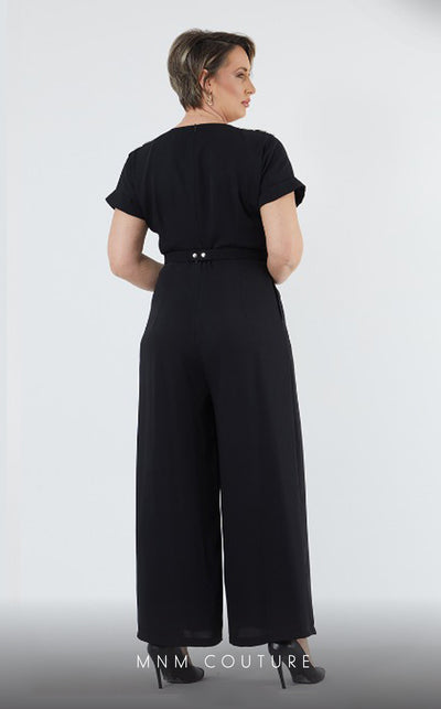 GLAM by MNM Couture DZ431B short sleeve V-neck jumpsuit with classic design. | Couture Shop LA