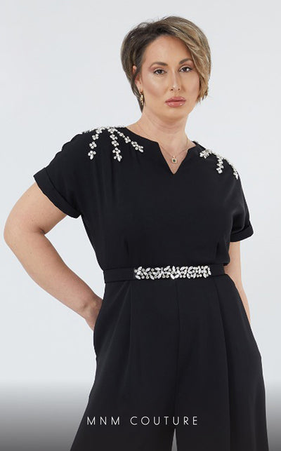 GLAM by MNM Couture DZ431B short sleeve V-neck jumpsuit with classic design. | Couture Shop LA