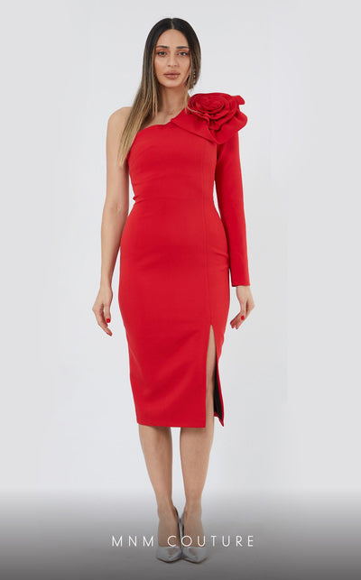 GLAM by MNM Couture DZ50226 one-shoulder diagonal neck midi dress with modern elegance. | Couture Shop LA