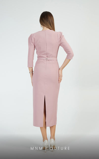 GLAM by MNM Couture DZ8103 V-neck midi dress with 3/4 sleeves and sophisticated details. | Couture Shop LA
