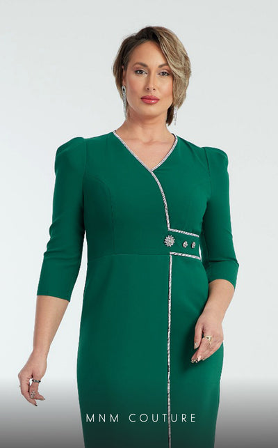 GLAM by MNM Couture DZ8263B 3/4 sleeve V-neck midi dress with timeless appeal. | Couture Shop LA