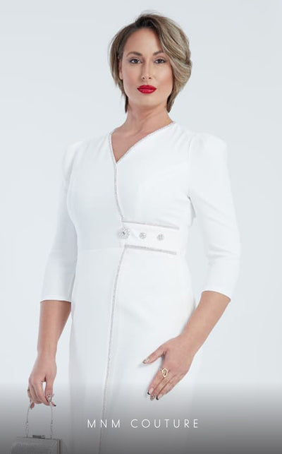 GLAM by MNM Couture DZ8263B 3/4 sleeve V-neck midi dress with timeless appeal. | Couture Shop LA