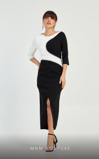 GLAM by MNM Couture DZ8319 3/4 sleeve round neck midi dress with graceful elegance. | Couture Shop LA