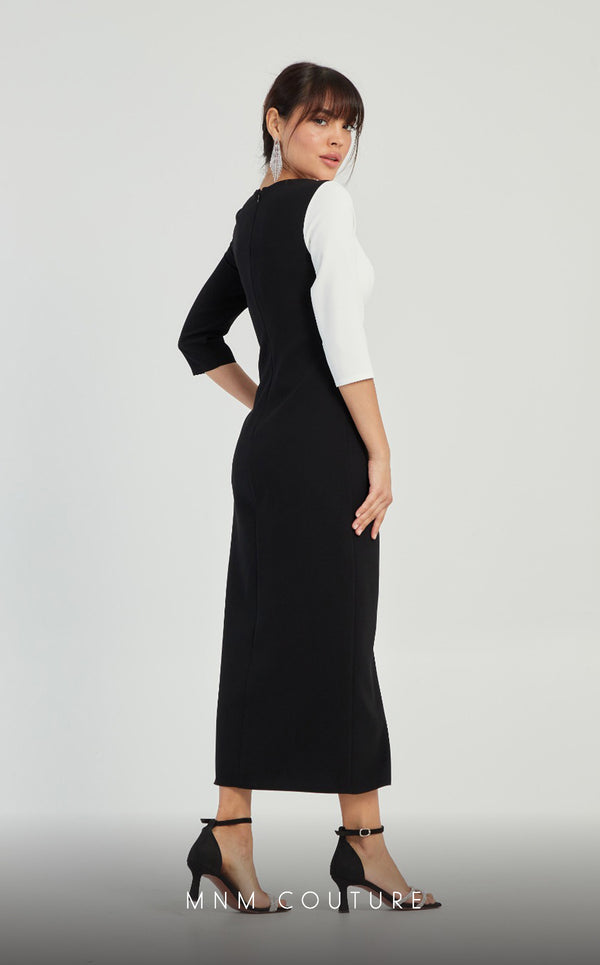 GLAM by MNM Couture DZ8319 3/4 sleeve round neck midi dress with graceful elegance. | Couture Shop LA