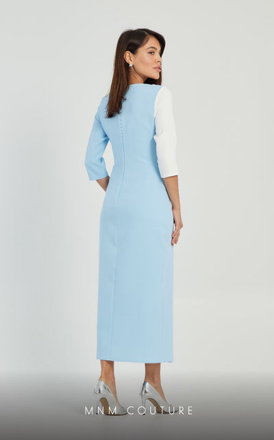 GLAM by MNM Couture DZ8319 3/4 sleeve round neck midi dress with graceful elegance. | Couture Shop LA