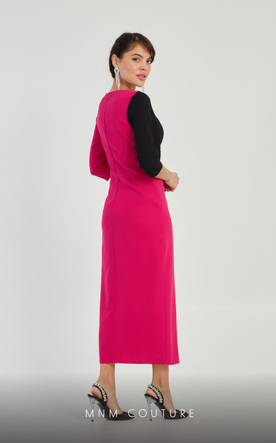 GLAM by MNM Couture DZ8319 3/4 sleeve round neck midi dress with graceful elegance. | Couture Shop LA