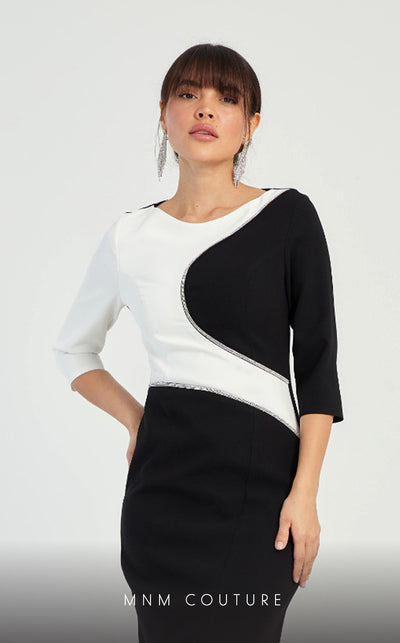 GLAM by MNM Couture DZ8319 3/4 sleeve round neck midi dress with graceful elegance. | Couture Shop LA