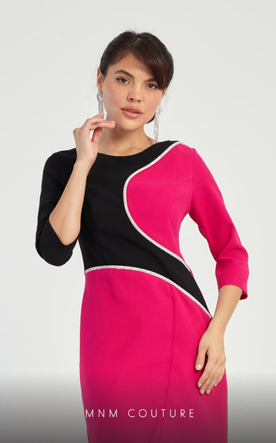 GLAM by MNM Couture DZ8319 3/4 sleeve round neck midi dress with graceful elegance. | Couture Shop LA