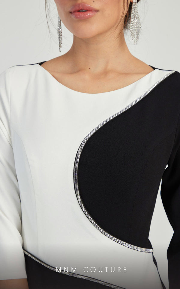 GLAM by MNM Couture DZ8319 3/4 sleeve round neck midi dress with graceful elegance. | Couture Shop LA