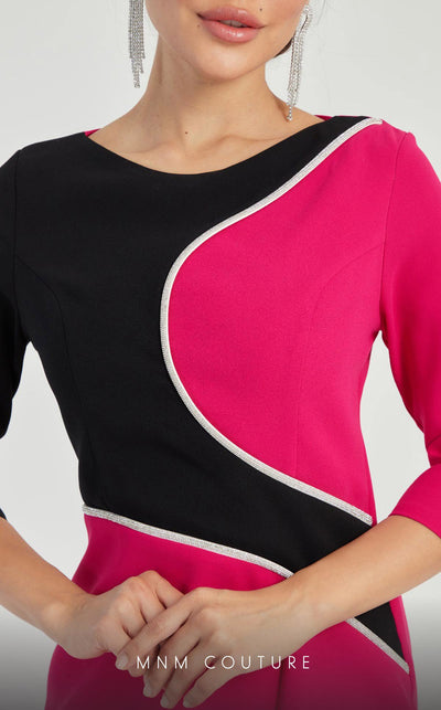 GLAM by MNM Couture DZ8319 3/4 sleeve round neck midi dress with graceful elegance. | Couture Shop LA