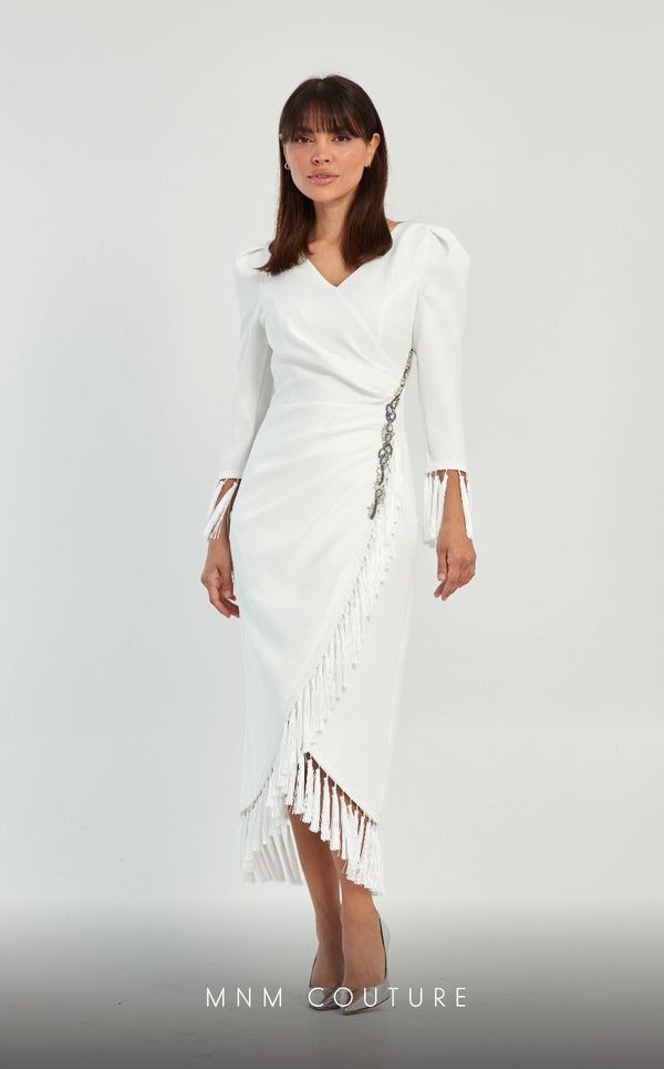 GLAM by MNM Couture DZ8322 long sleeve V-neck midi dress with effortless sophistication. | Couture Shop LA