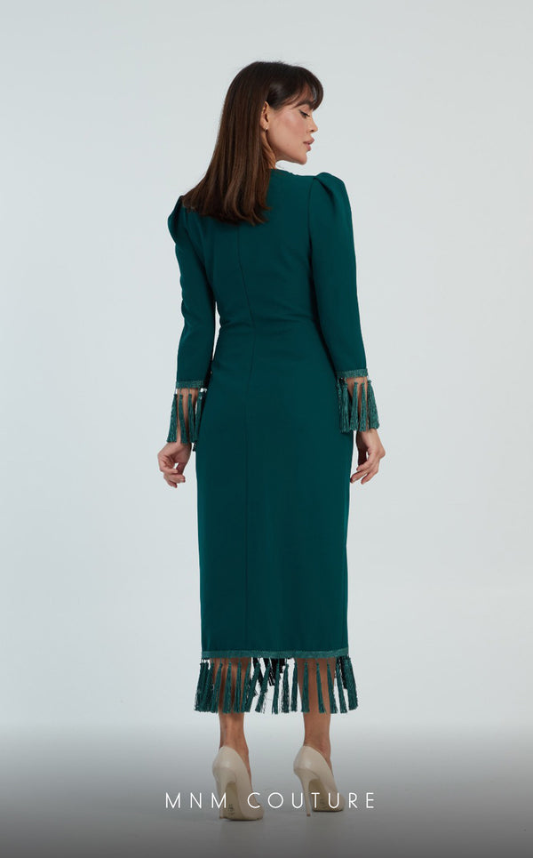 GLAM by MNM Couture DZ8322 long sleeve V-neck midi dress with effortless sophistication. | Couture Shop LA