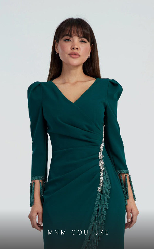 GLAM by MNM Couture DZ8322 long sleeve V-neck midi dress with effortless sophistication. | Couture Shop LA