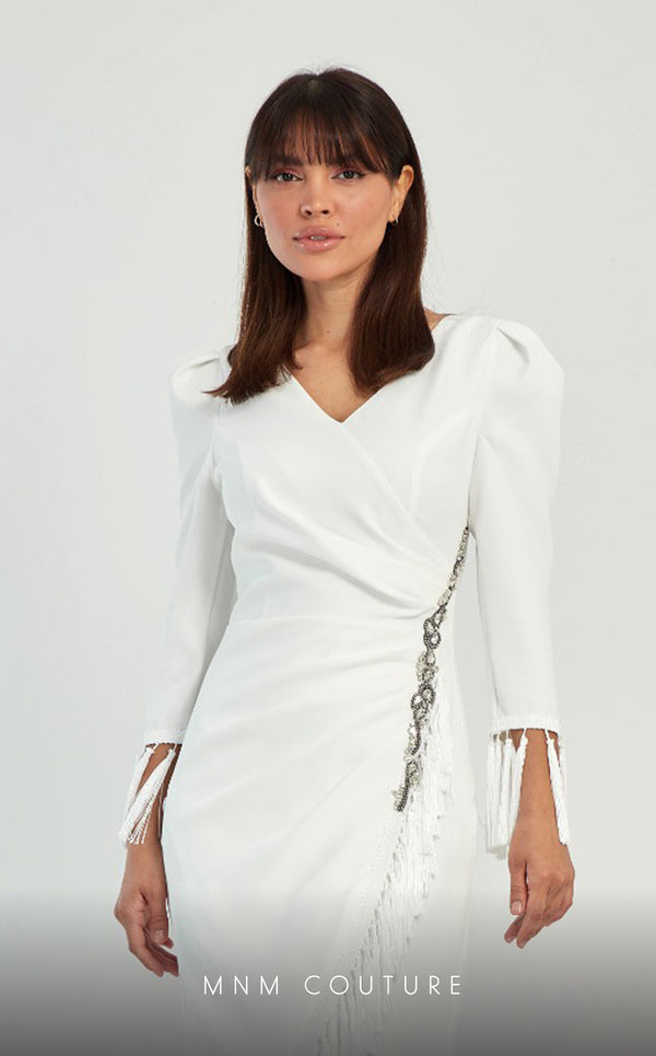 GLAM by MNM Couture DZ8322 long sleeve V-neck midi dress with effortless sophistication. | Couture Shop LA