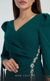 GLAM by MNM Couture DZ8322 long sleeve V-neck midi dress with effortless sophistication. | Couture Shop LA
