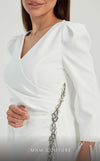 GLAM by MNM Couture DZ8322 long sleeve V-neck midi dress with effortless sophistication. | Couture Shop LA