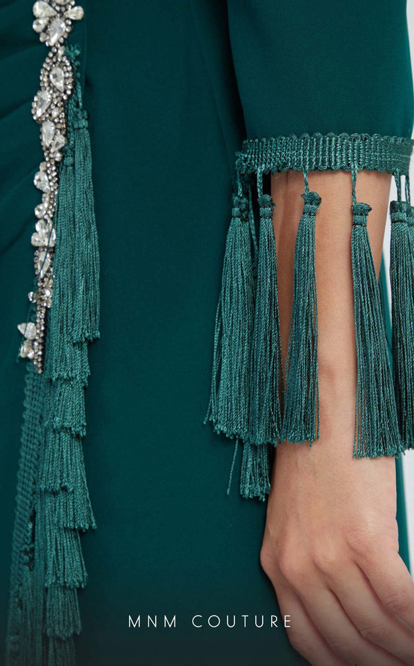 GLAM by MNM Couture DZ8322 long sleeve V-neck midi dress with effortless sophistication. | Couture Shop LA