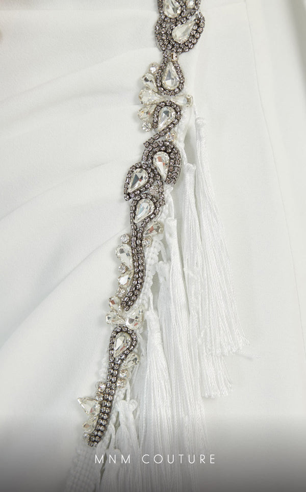 GLAM by MNM Couture DZ8322 long sleeve V-neck midi dress with effortless sophistication. | Couture Shop LA