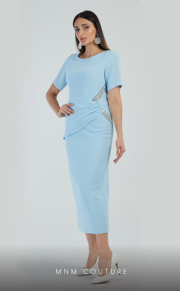 GLAM by MNM Couture DZ8377 short sleeve round neck midi dress with polished detail. | Couture Shop LA