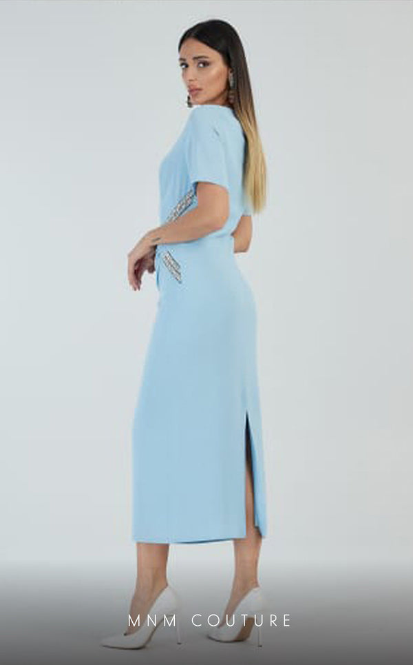 GLAM by MNM Couture DZ8377 short sleeve round neck midi dress with polished detail. | Couture Shop LA