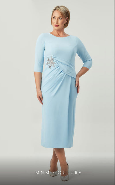 GLAM by MNM Couture DZ8391B 3/4 sleeve round neck midi dress with sophisticated charm. | Couture Shop LA