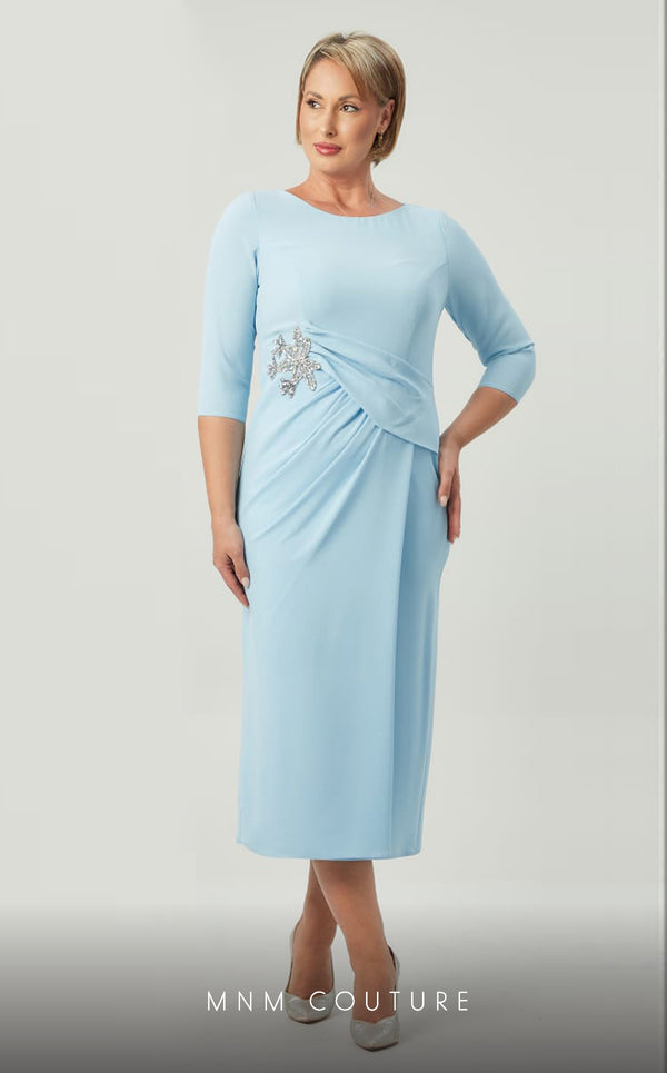 GLAM by MNM Couture DZ8391B 3/4 sleeve round neck midi dress with sophisticated charm. | Couture Shop LA