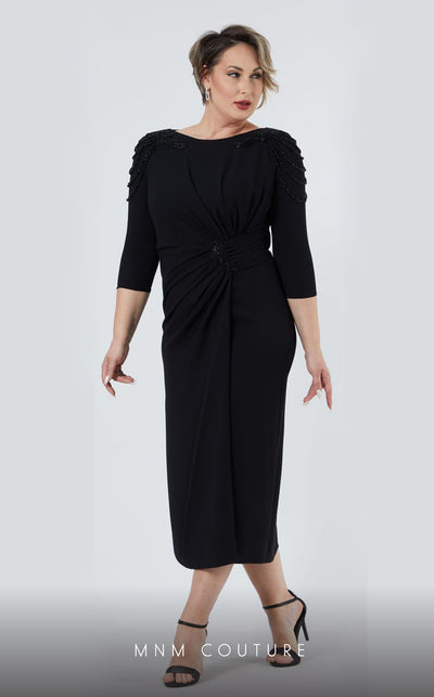 GLAM by MNM Couture DZ8419B 3/4 sleeve round neck midi dress with modern elegance. | Couture Shop LA
