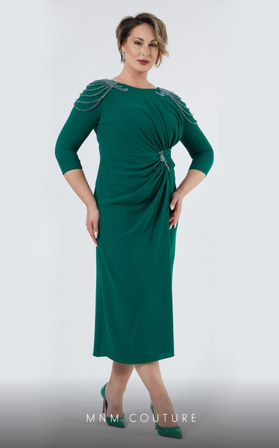 GLAM by MNM Couture DZ8419B 3/4 sleeve round neck midi dress with modern elegance. | Couture Shop LA