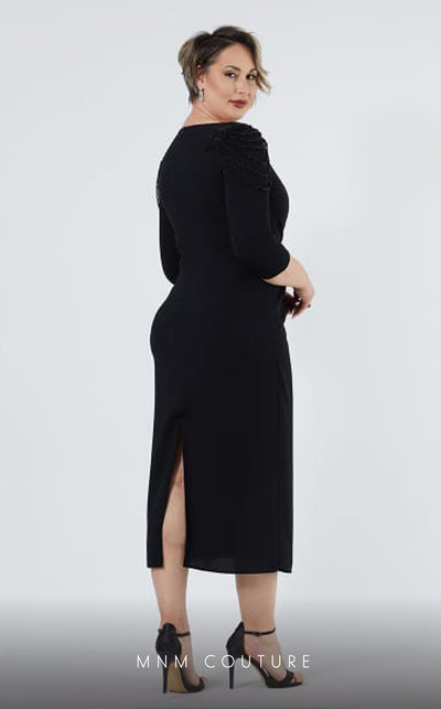 GLAM by MNM Couture DZ8419B 3/4 sleeve round neck midi dress with modern elegance. | Couture Shop LA
