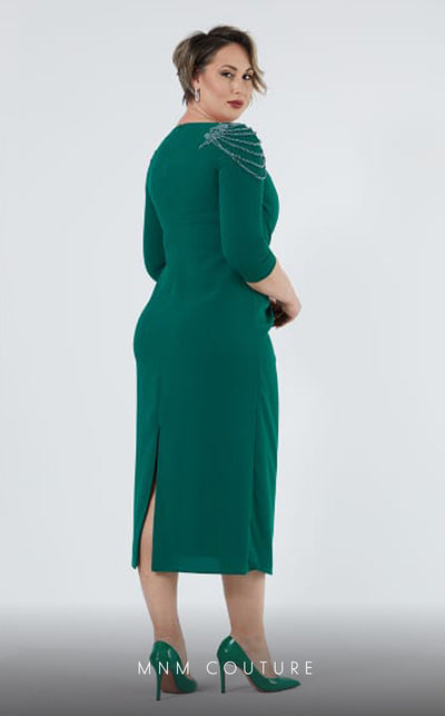 GLAM by MNM Couture DZ8419B 3/4 sleeve round neck midi dress with modern elegance. | Couture Shop LA